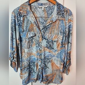Emily Daniels XL Button Up Shirt Blue Orange Nature Tree Print Metallic Accents